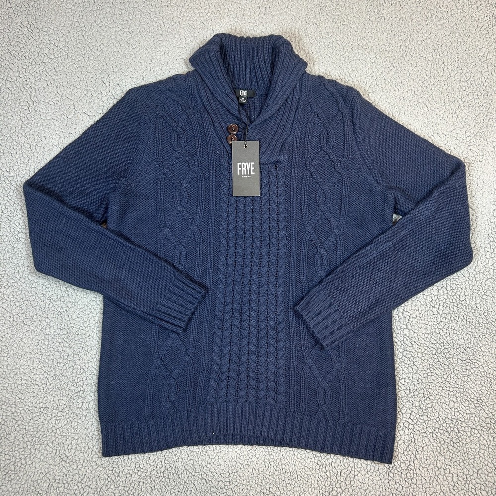 Frye And Co. Sweater Mens M Blue Cable Knit Shawl Collar Long Sleeve Pullover‎